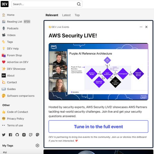 A screenshot showing the AWS Security Live stream shown on the DEV homepage